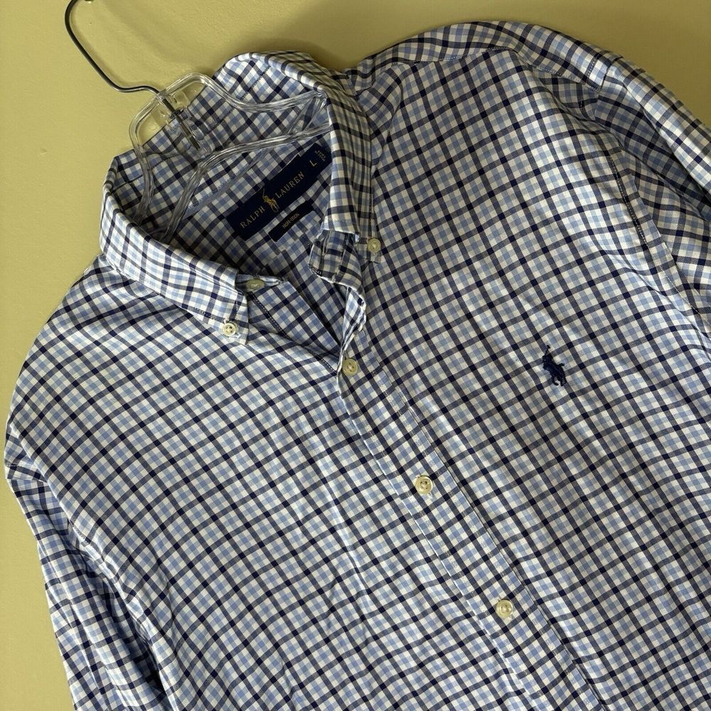 Mens Ralph Lauren Large Collared Dress Shirt Blue Checkered Horse Polo Logo